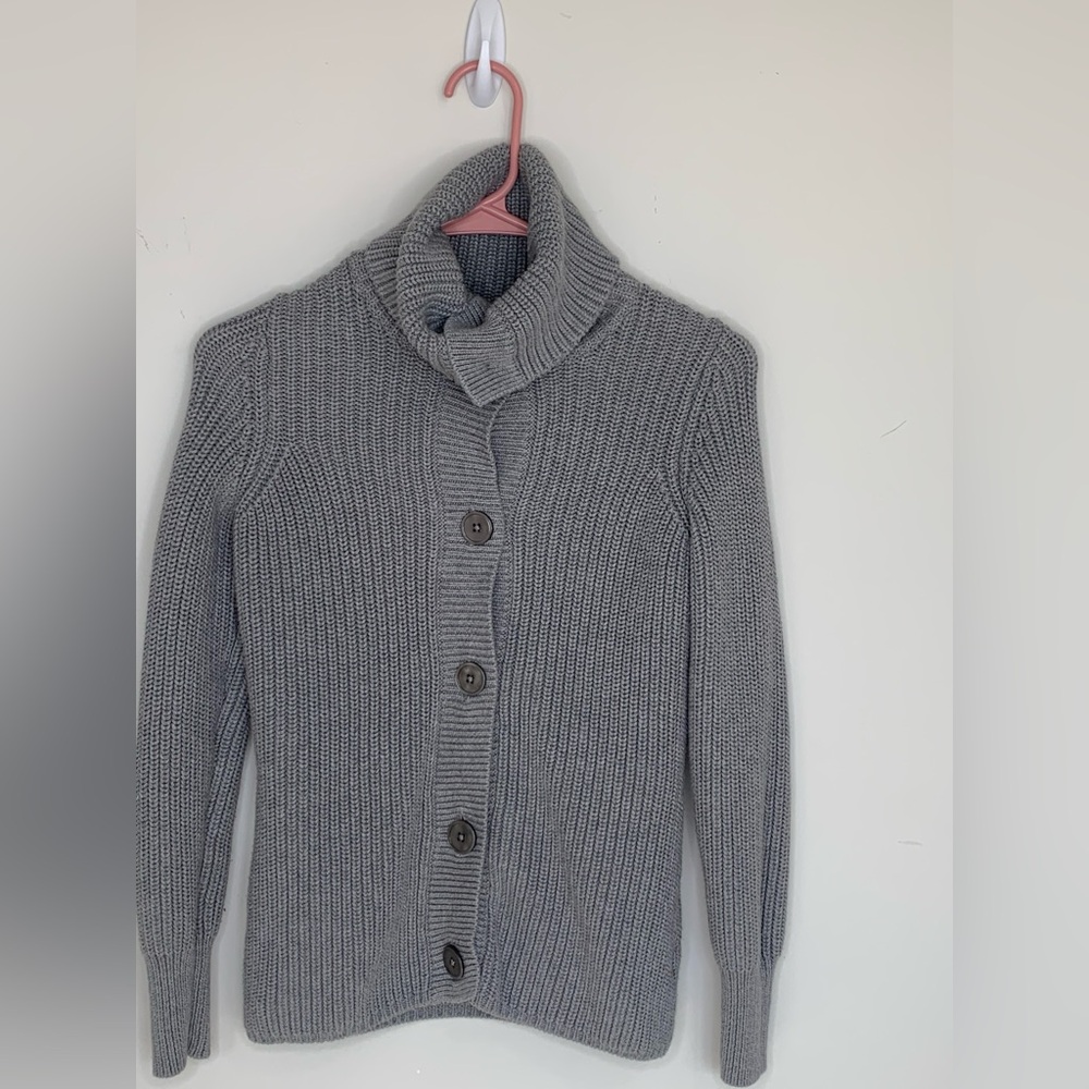 BN12 Talbots Grey Chunky Ribbed Cardigan Knit Coastal Cotton Turtleneck Sweater